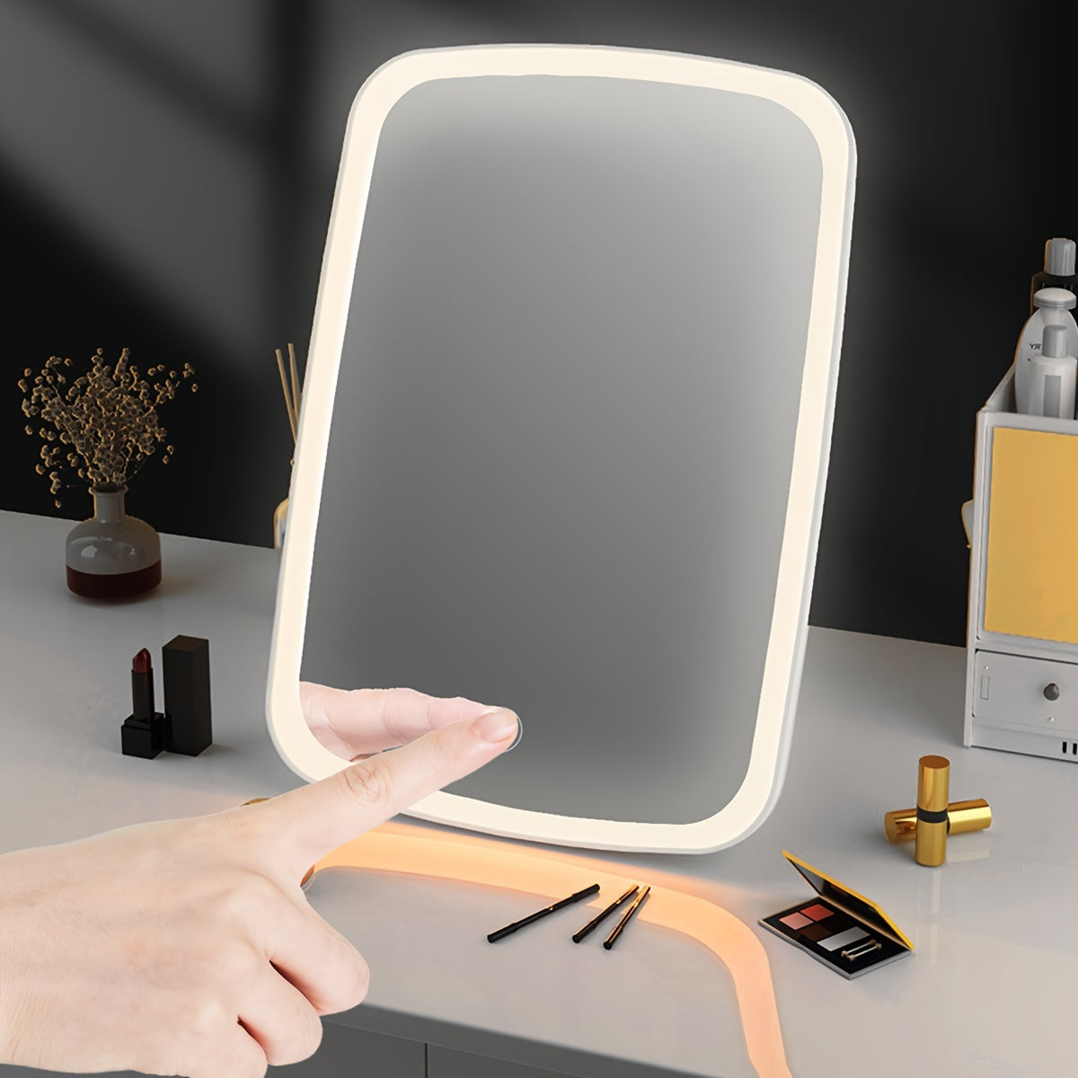 Skorter | LED Makeup Mirror with Touch Sensor - 3 Color Lighting Modes, Adjustable Brightness, Foldable and Rechargeable