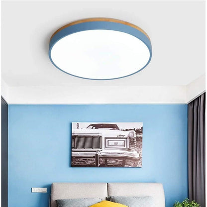 Skorter | Wooden Round Shape Flush Ceiling Light | LED. Solid Wood & Iron for Living Room. Dining Room & Hallway