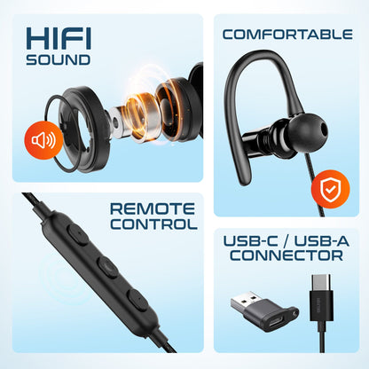 Skorter | Delton 24ECA USB-C and USB-A Wired Earbuds with Microphone, Ergonomic In-Ear Design with Ear Hook