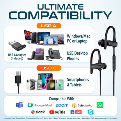 Skorter | Delton 24ECA USB-C and USB-A Wired Earbuds with Microphone, Ergonomic In-Ear Design with Ear Hook