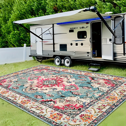 Skorter | Vintage Boho Flower Mat - Perfect For Terrace, Garden and Poolside, Stain Resistant and Washable