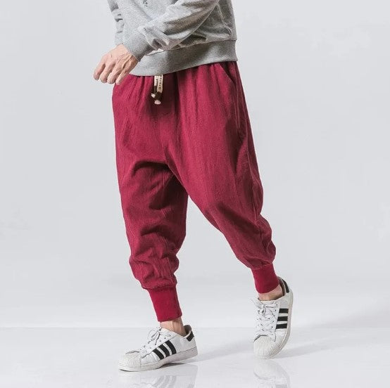 Skorter | Cotton Linen Harem Pants Men Solid Color Elastic Waist Streetwear Jogging Pants