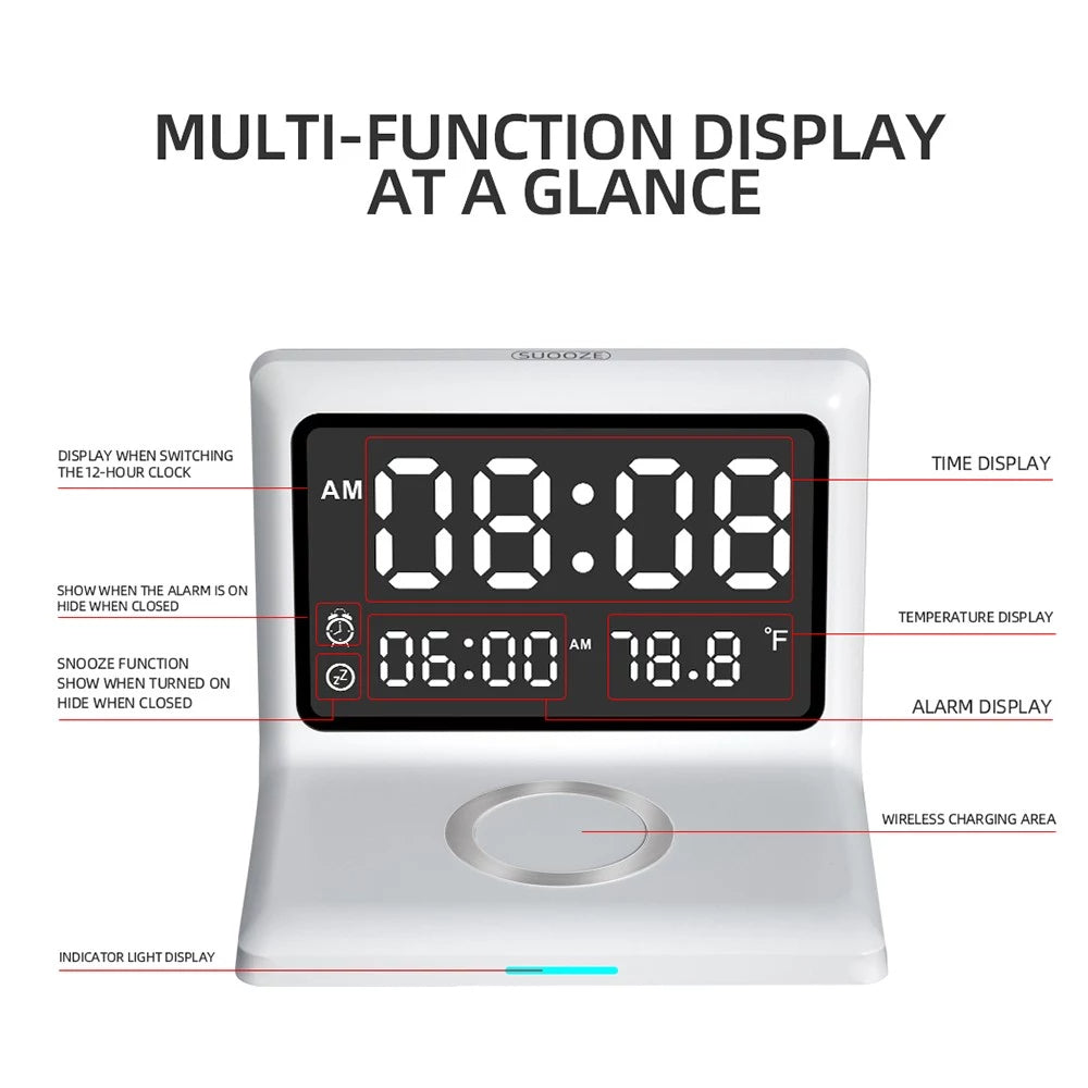 Skorter | Digital Mirror Clock Wireless Charging Alarm Clock