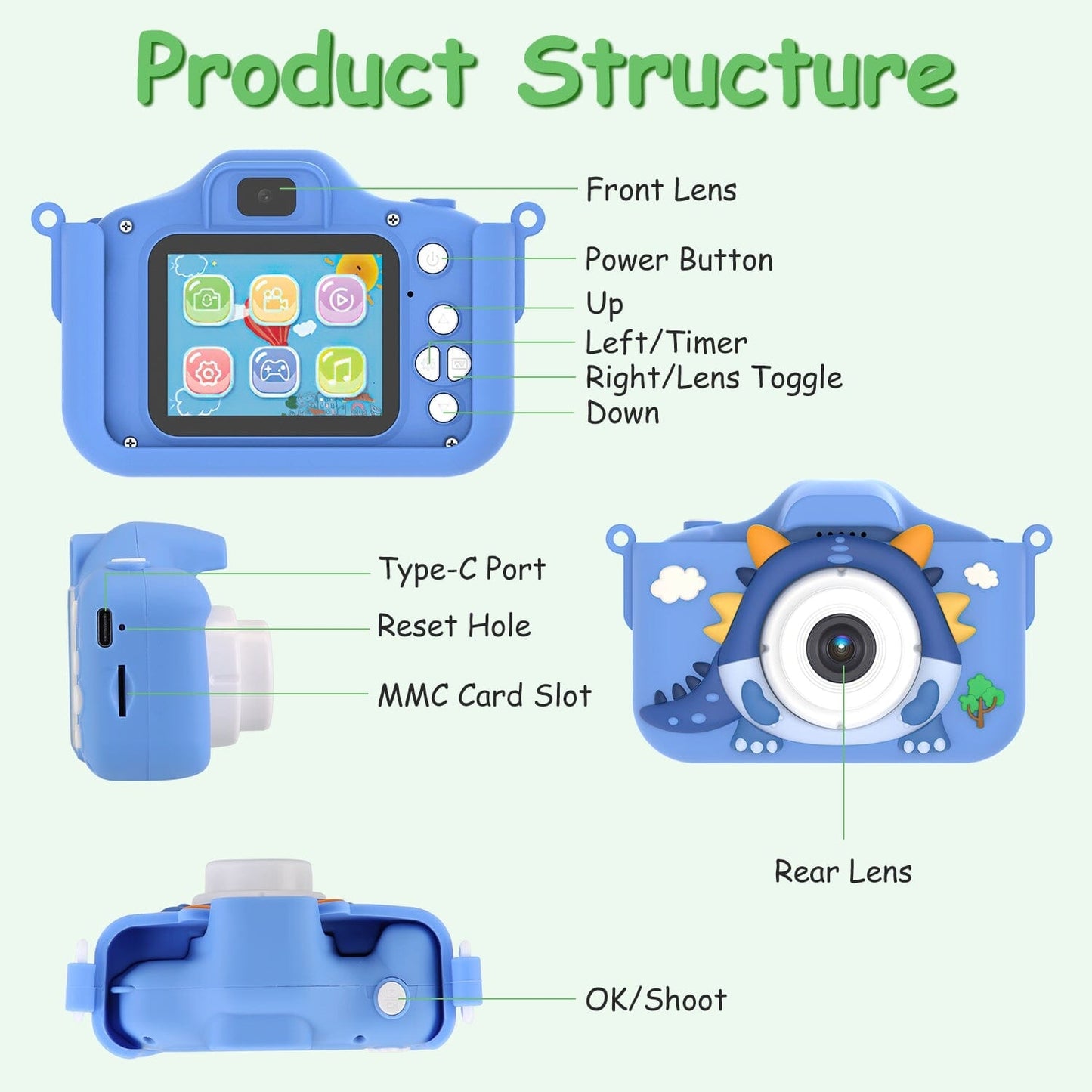Skorter | Dinosaur Kids Self-Portrait 48MP 1080P HD Cartoon Digital Camera