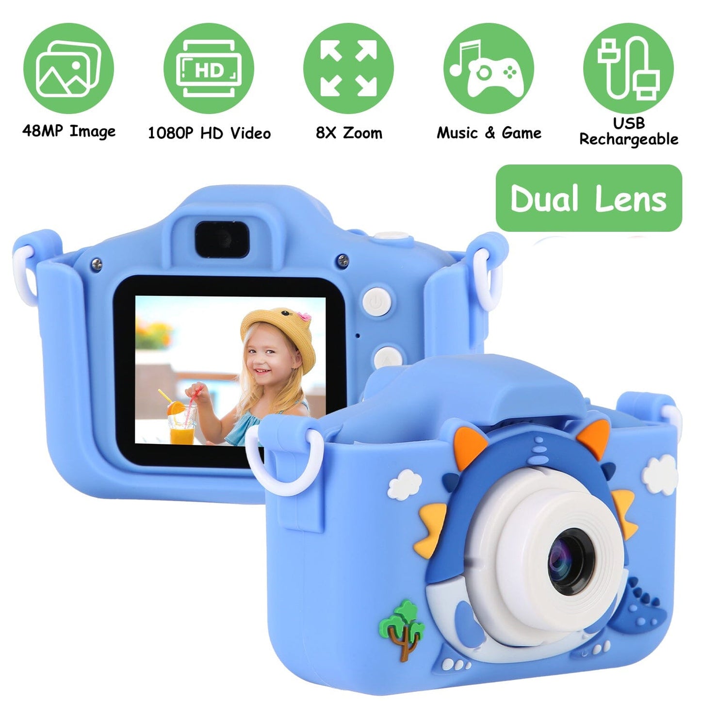 Skorter | Dinosaur Kids Selfie 48MP 1080P HD Cartoon Digital Camera