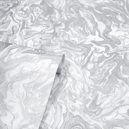Skorter | Dominique Gray & Silver Marble Effect Metallic Wallpaper
