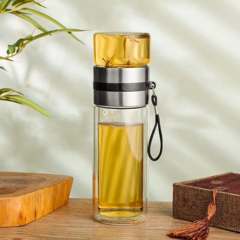 Skorter | Thermos Bottle with Tea Filter – Glass & Wood – Double-Walled – 500 ml – ClearTherm