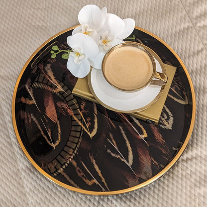 Skorter | Doppio Black, Gold & Rust Feather Effect Round Decorative Plate