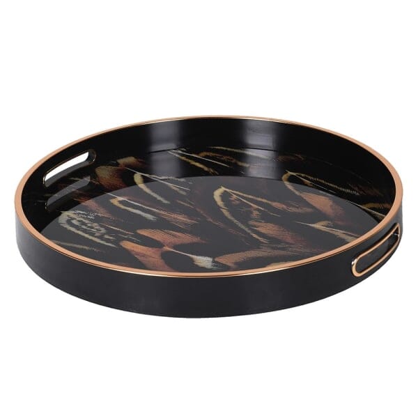 Skorter | Doppio Black, Gold & Rust Feather Effect Round Decorative Plate