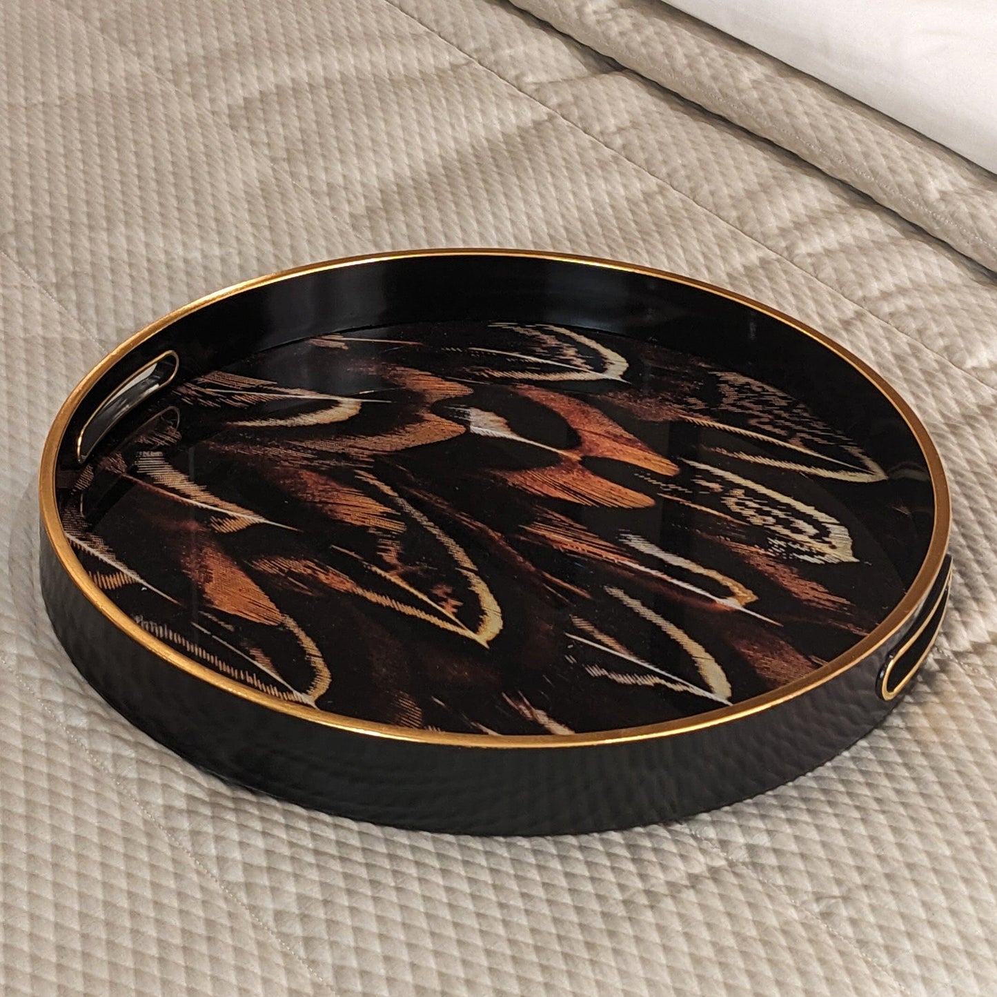 Skorter | Doppio Black, Gold & Rust Feather Effect Round Decorative Plate