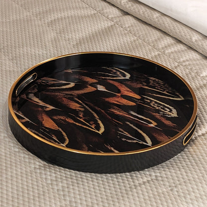 Skorter | Doppio Black, Gold & Rust Feather Effect Round Decorative Plate