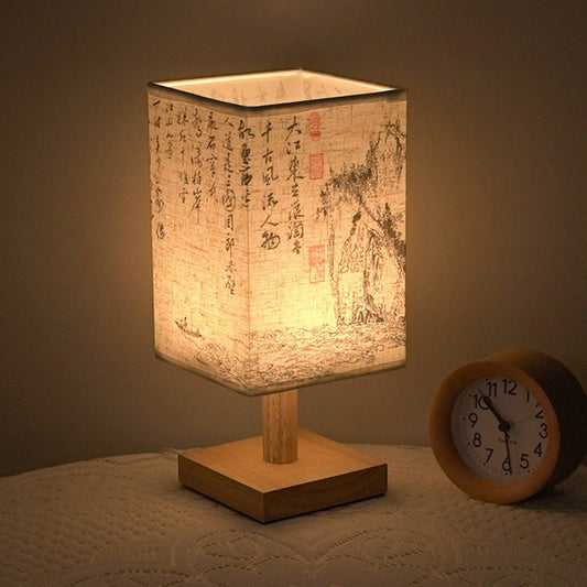 Skorter | LumiSquare - LED Table Lamp with Wooden Base and Japanese Pattern, Modern Square Design