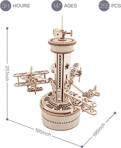 Skorter | DIY 3D Wooden Puzzle Music Box Model Kit - Assembly Set Plane - Control Tower