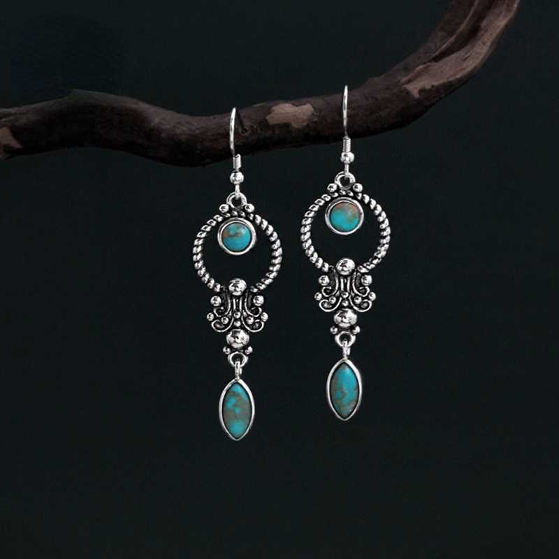 Skorter | Blue Art Retro Style Turquoise Engraved Earrings Elegant Temperament Ethnic Style Earrings