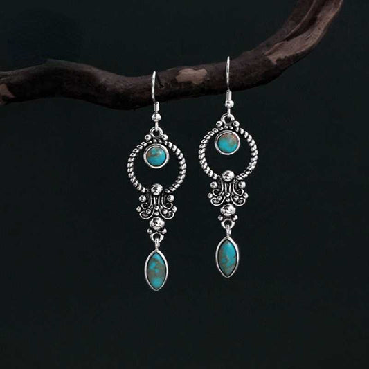 Skorter | Blue Art Retro Style Turquoise Engraved Earrings Elegant Temperament Ethnic Style Earrings