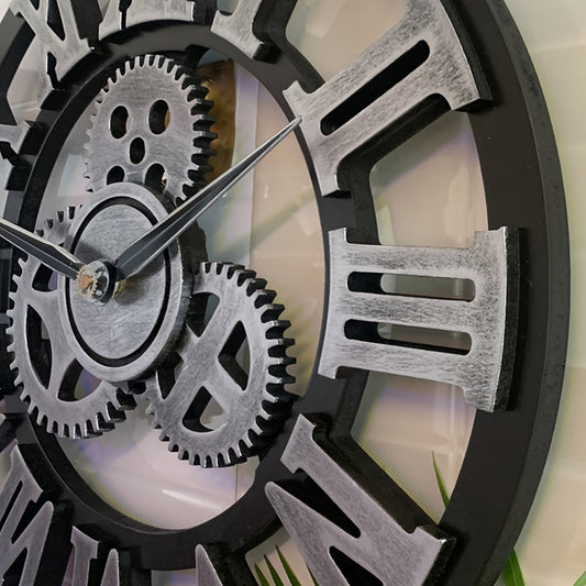 Skorter | Oversized Silver Roman Gear Wall Clock - Silent Clock for Living Room, Office, and Kitchen Product Description