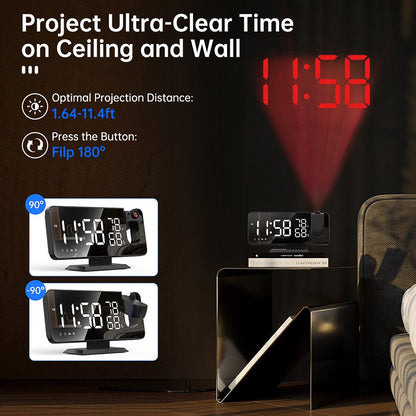 Skørter | Projection alarm clock for the bedroom, digital alarm clock radio with USB charging ports, 7.3" large LED display and 4 adjustable dimmers, double alarm clock with temperature and humidity indicator, snooze (Black)