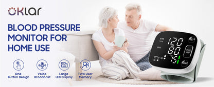 Skorter | Oklar Blood Pressure Monitors for Home Use Rechargeable Wrist Digital BP Machine Cuff with LED Backlit Screen, Voice Broadcast, 240 Memory Storage for 2 Users with Carrying Handle
