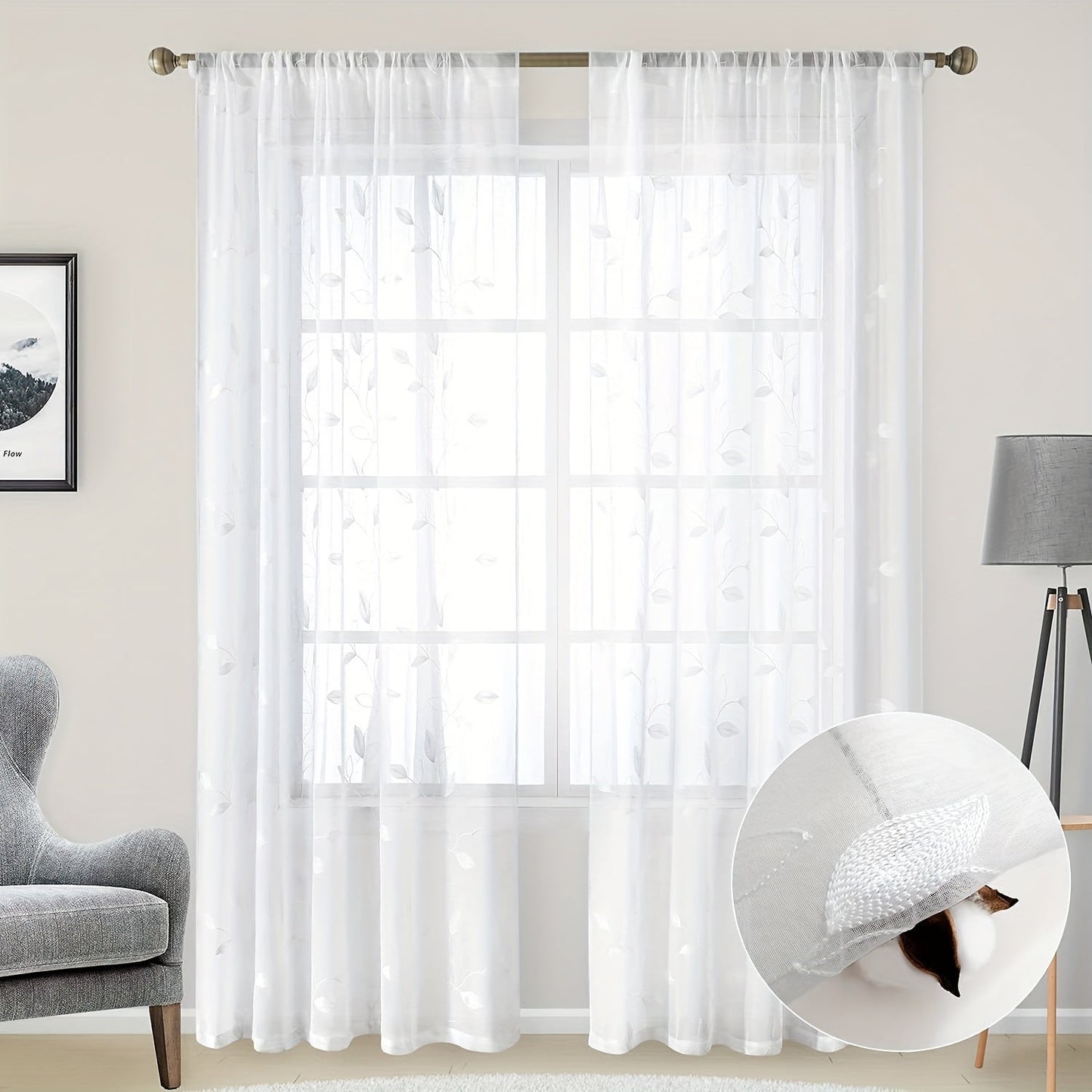 Skorter | Embroidered curtains with leaves - 2 pcs semi-transparent for bedroom and living room