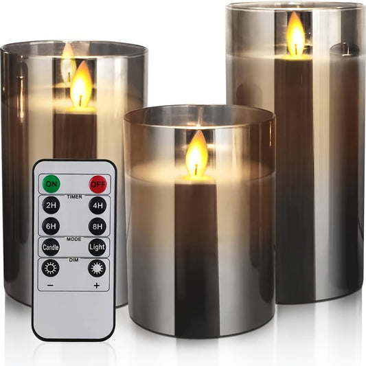 Skorter | 3pcs LED Fireproof Candles, Battery Operated Flickering Flame Pillar Real Wax Moving Flame Electric Light Set Gray Glass Effect With Remote Control Timer, 10.16 Cm, 12.7 Cm, 15.24 Cm, 3 Gray Packaging