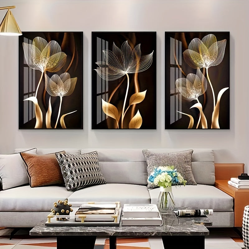 Skorter | 3-piece Luxe Canvas Posters - Golden Flowers Artwork, Wall Decoration for Living Room, Bedroom, Office, Hallway, and Kitchen, Without Frame