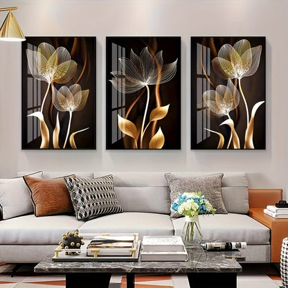 Skorter | 3-piece Luxe Canvas Posters - Golden Flowers Artwork, Wall Decoration for Living Room, Bedroom, Office, Hallway, and Kitchen, Without Frame