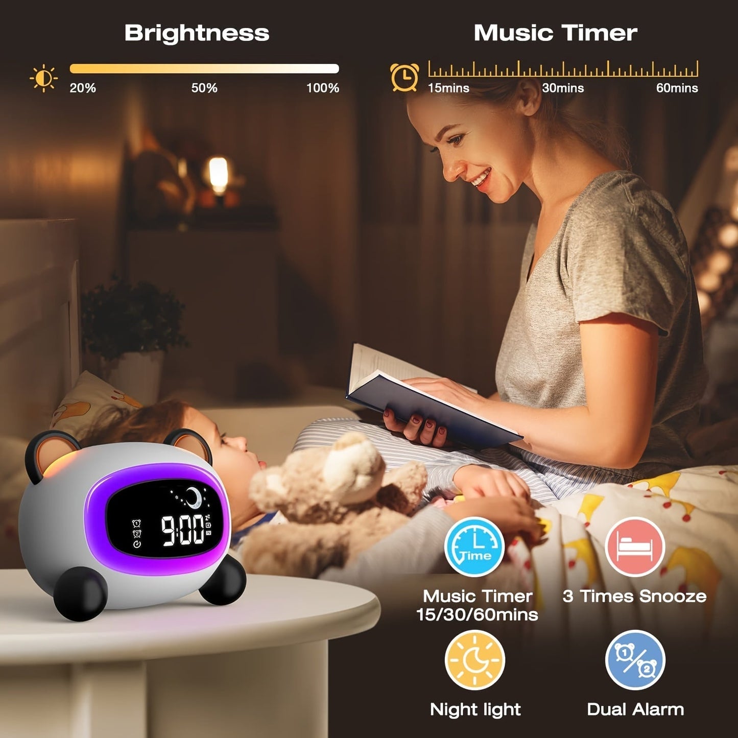 Skorter | DreamTime - Sleep Training Alarm Clock with Night Light and Dual Alarms