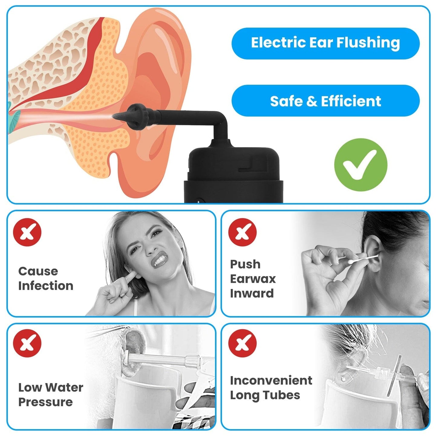 Skorter | Electric ear wax removal set with 3 modes 6 ear tips IPX7 waterproof USB rechargeable