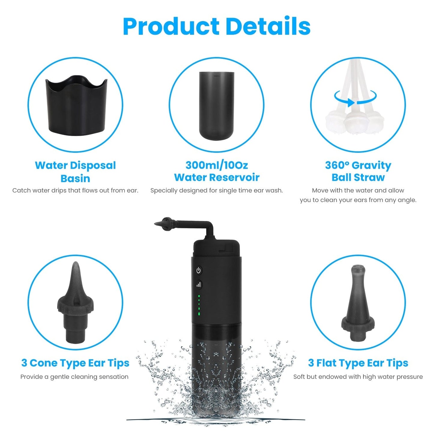 Skorter | Electric ear wax removal set with 3 modes 6 ear tips IPX7 waterproof USB rechargeable