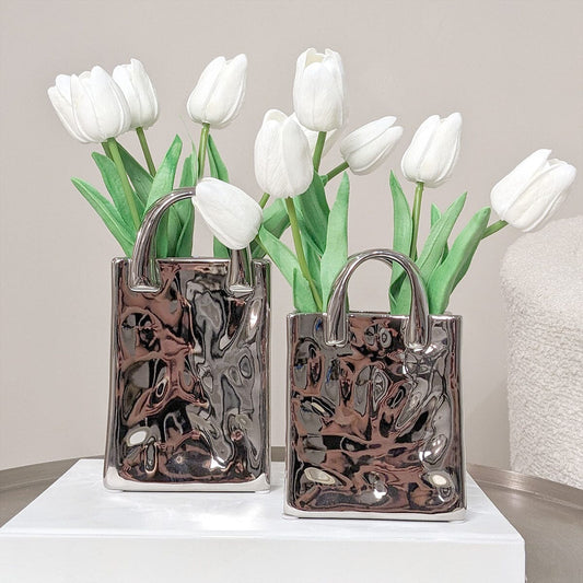 Skorter | Elise Silver Handbag Decorative Vases - Set of 2