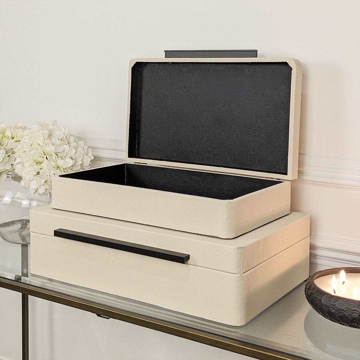 Skorter | Eliza Luxury Cream Decorative Jewelry Box with Black Handle - Set of 2