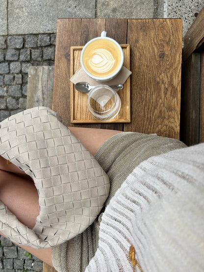 Skorter | Elsa – Stylish Mini Suede Bag with Woven Knot Design & Gold Accents