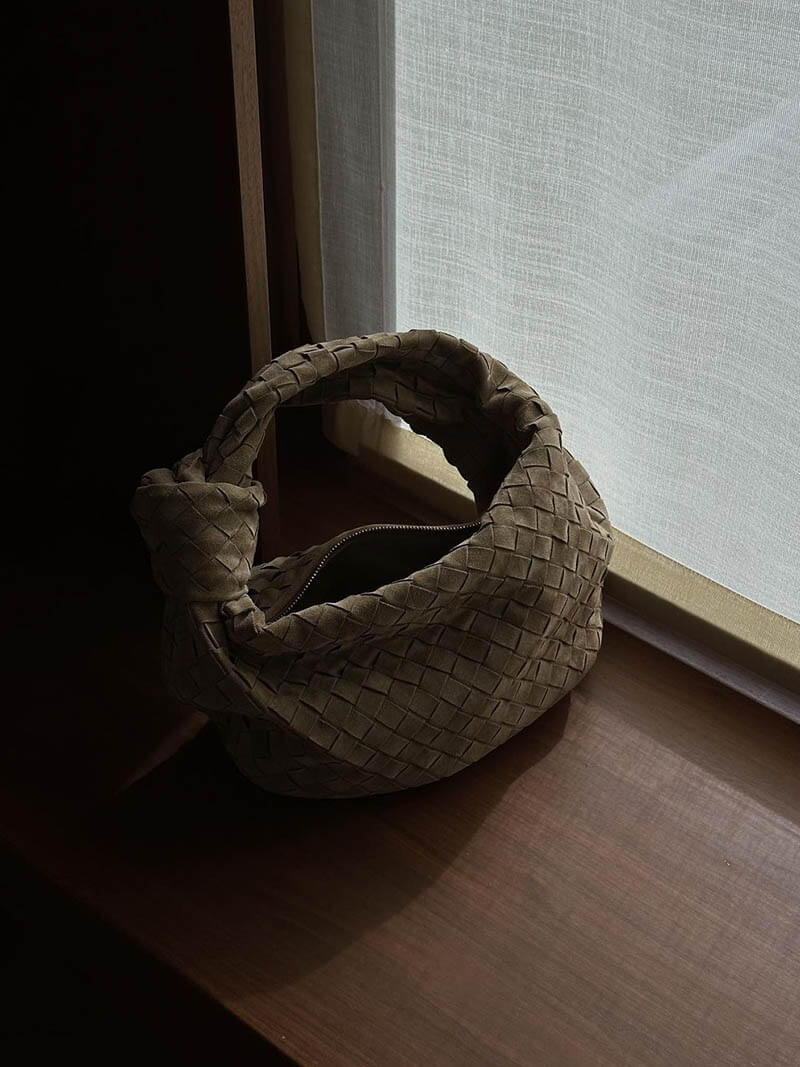 Skorter | Elsa – Stylish Mini Suede Bag with Woven Knot Design & Gold Accents