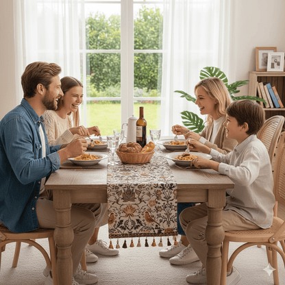 Skorter | EVERBLOOM LINENS – Elegant Table Runner with Floral & Bird Jacquard Design