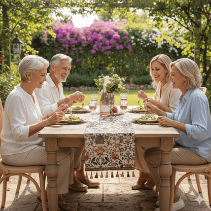 Skorter | EVERBLOOM LINENS – Elegant Table Runner with Floral & Bird Jacquard Design