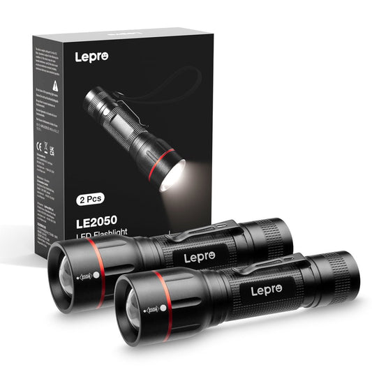 Skorter | 2-Pack LED Flashlights with Hook LE2050 Flashlight High Lumen Super Bright, 5 Light Settings, Zoomable Waterproof Lightweight Flashlights for Emergencies, Camping, Powered by AAA Battery,