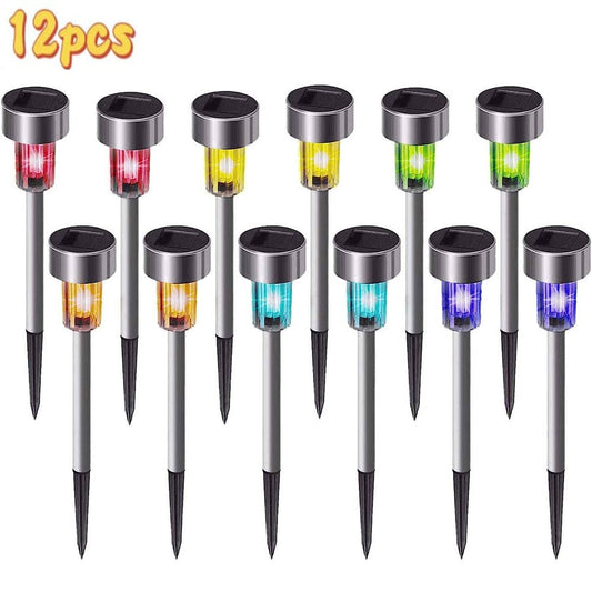 Skorter | 12 Pack Outdoor Solar Lights Solar Landscape Lights, Stainless Steel LED Outdoor Lighting, Waterproof Garden Lights for Walkway, Patio, Multicolor