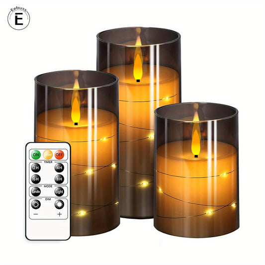 Skorter | Flameless LED Candle Holders With Star Shaped Light Chain – 3-Pack Gray (D3*H10.16cm12.7cm15.24cm) Included Remote Control & Timer