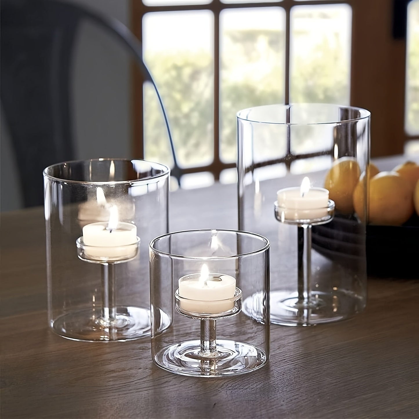 Skorter | 3-piece cylindrical glass candle holder set – Transparent hurricane candle holders for table decoration, weddings, and home decoration