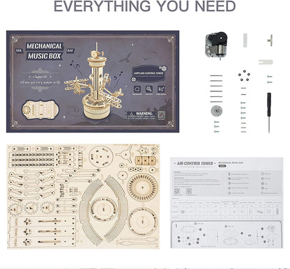 Skorter | DIY 3D Wooden Puzzle Music Box Model Kit - Assembly Set Plane - Control Tower