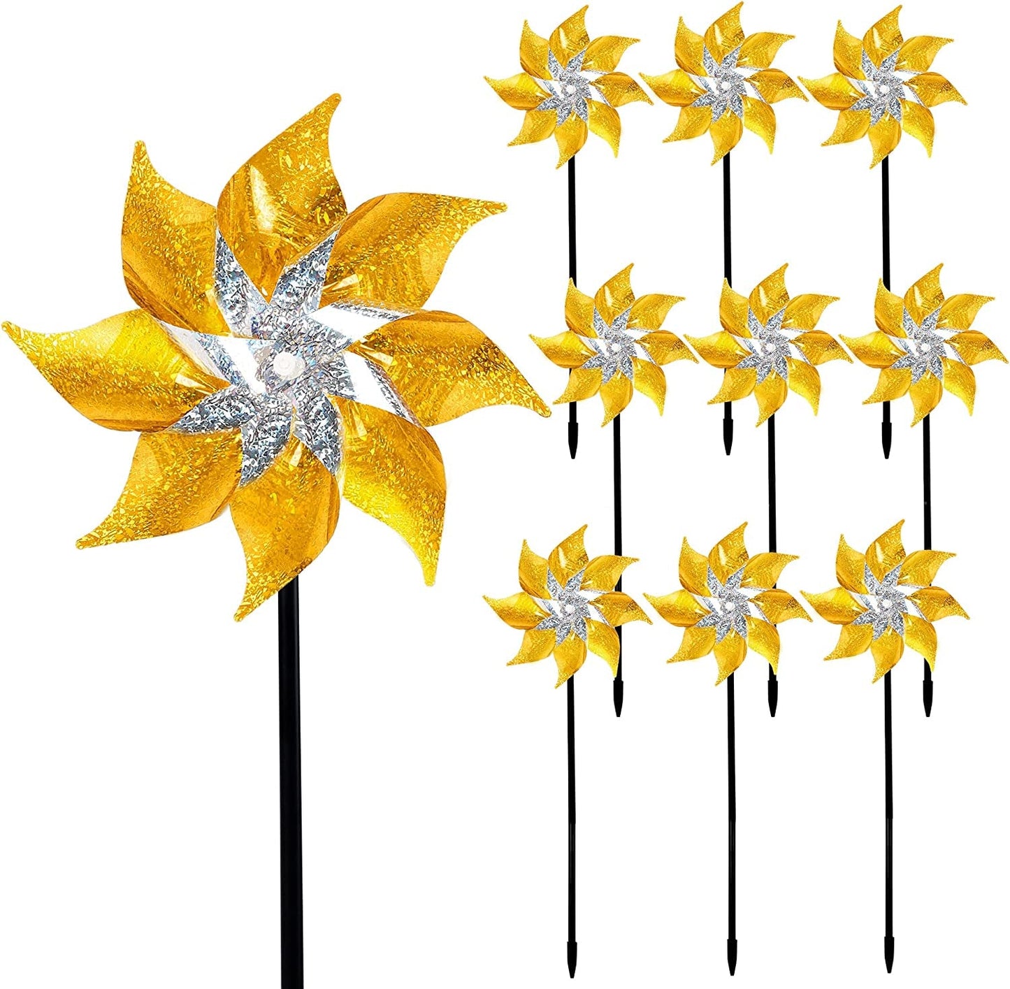 Skorter | 10 Pack Reflective Pinwheels Patriotic Decorations, American Flag on Pole Wind Spinner with Support for Independence Day, Memorial Day July 4th Party Supplies, Scare Birds Repellent Devices