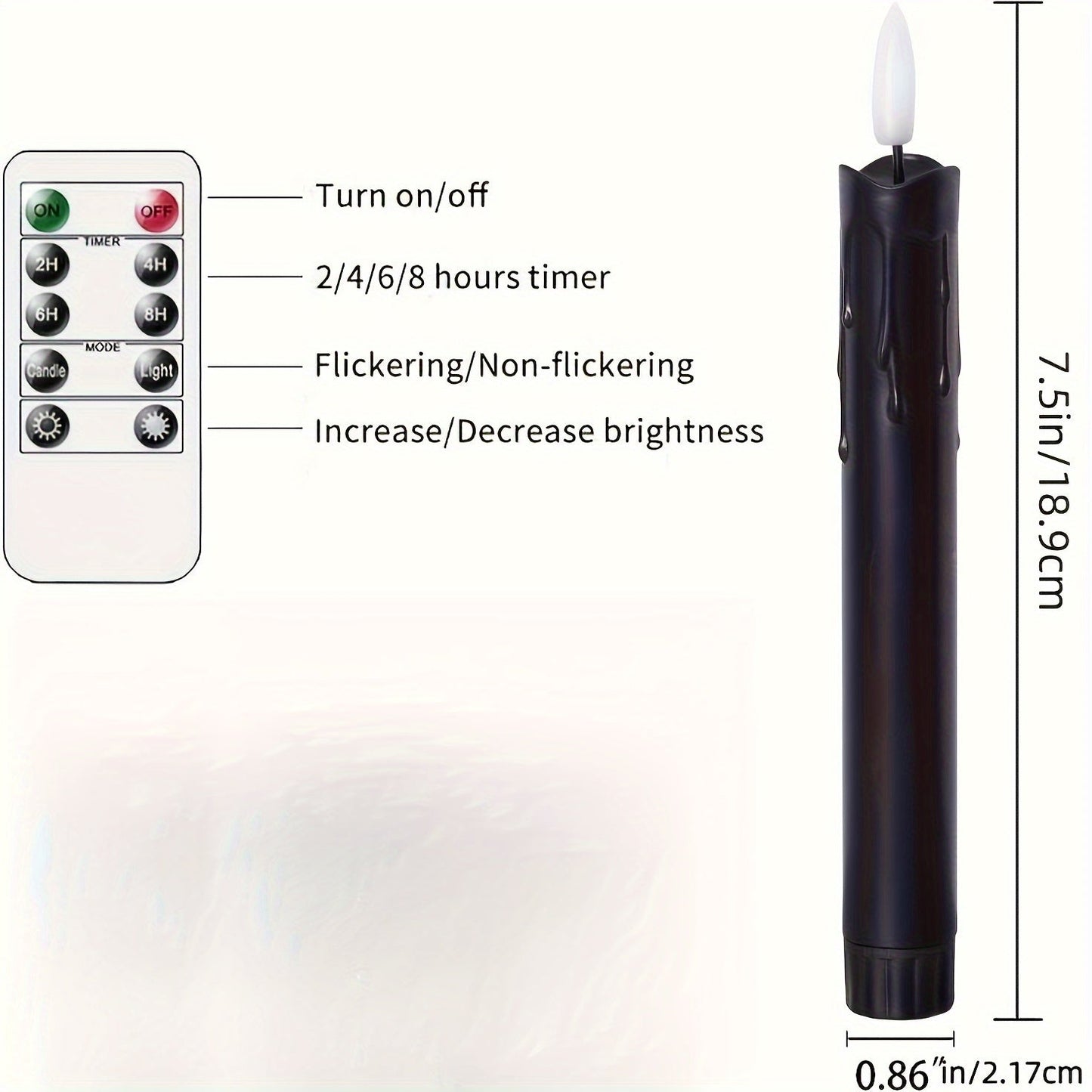 Skorter | 6x Flameless Blinking Taper Candles with Remote Control – 19.05 cm, Black LED Light with Timer and Dripping Wax Effect