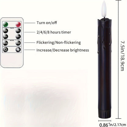Skorter | 6x Flameless Blinking Taper Candles with Remote Control – 19.05 cm, Black LED Light with Timer and Dripping Wax Effect