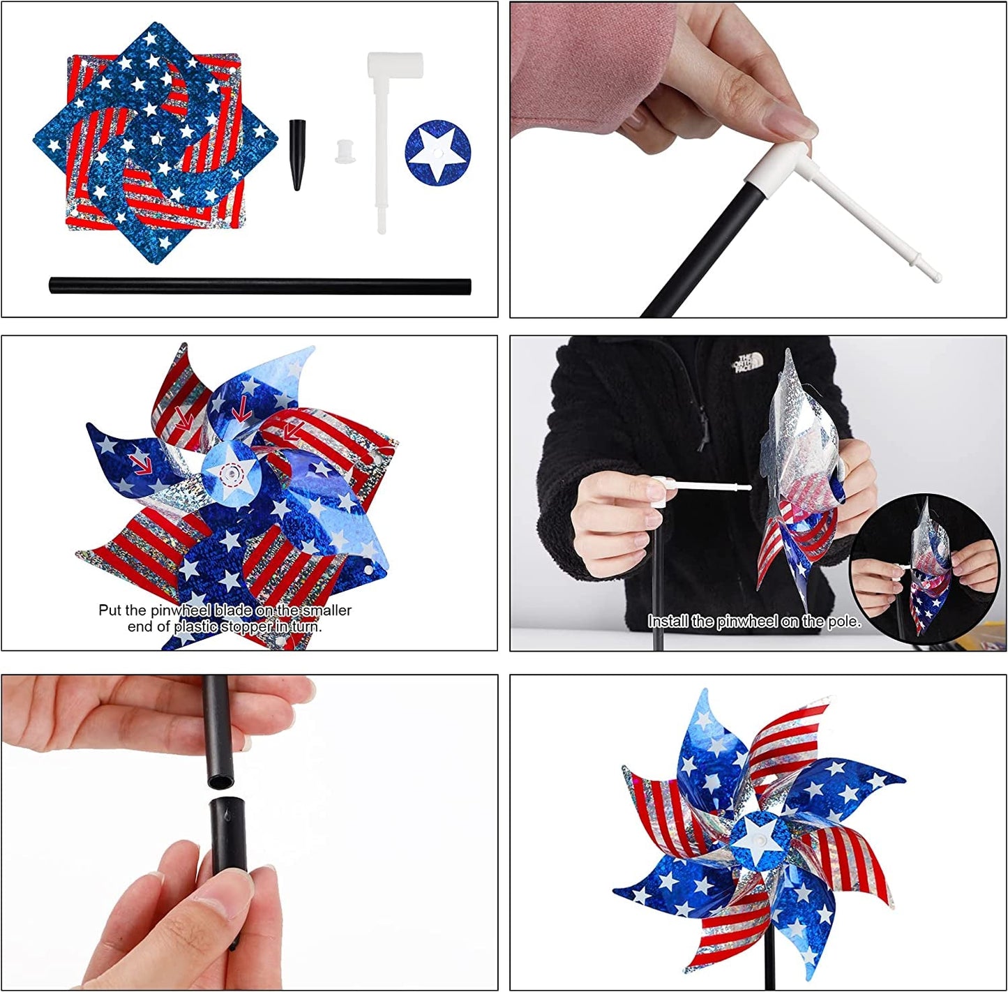 Skorter | 10 Pack Reflective Pinwheels Patriotic Decorations, American Flag on Pole Wind Spinner with Support for Independence Day, Memorial Day July 4th Party Supplies, Scare Birds Repellent Devices