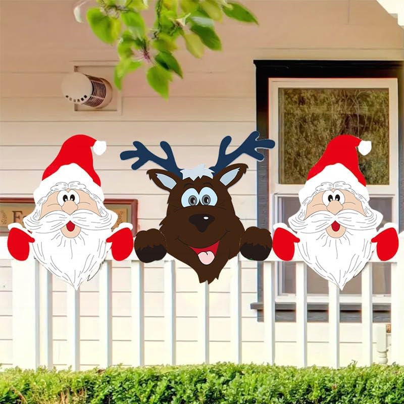 Skorter | Fence Panel Christmas Decor – Adorable Santa, Snowman, and Reindeer Peekers for Whimsical Indoor and Outdoor Christmas Charm