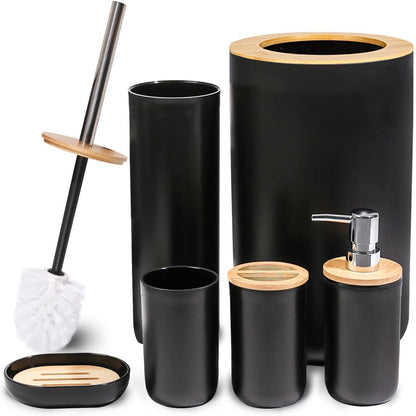 Skørter | 6 Piece Bath Set - Soap Dish Toothbrush Holder Rinsing Cup Lotion Bottle Trash Can Toilet Brush - Practical Toilet Set for Home Laundry Room, Black