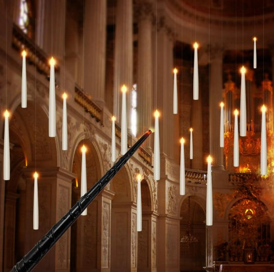 Skorter | Floating Candles with Magic Wand - Flickering Blunt Flameless Hanging Candles for Christmas, Halloween, Birthday Parties, Home Decoration and Gifts