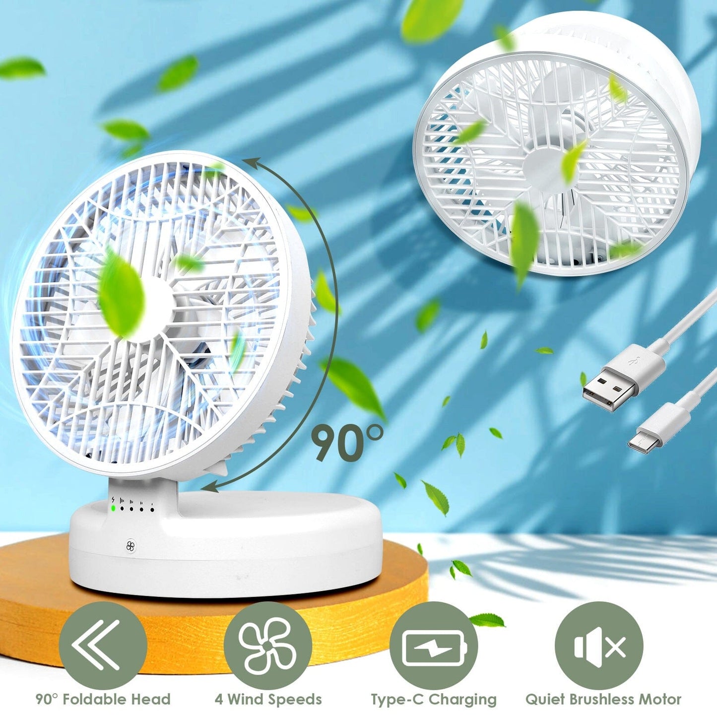 Skorter | Foldable Table Fan with 4 Wind Speeds Type-C Rechargeable Wall Mounted