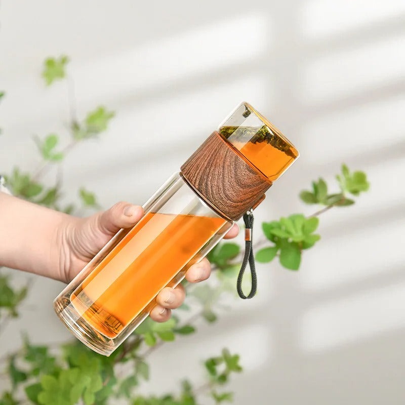 Skorter | Thermos Bottle with Tea Filter – Glass & Wood – Double-Walled – 500 ml – ClearTherm