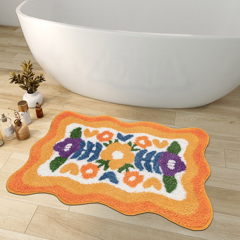 Skorter | Colorful Flower Bathroom Mat, Orange Flora Soft Bathroom Rug, Woven Bath Mat, Purple Tulip Water-Absorbent Non-Slip Bath Mat
